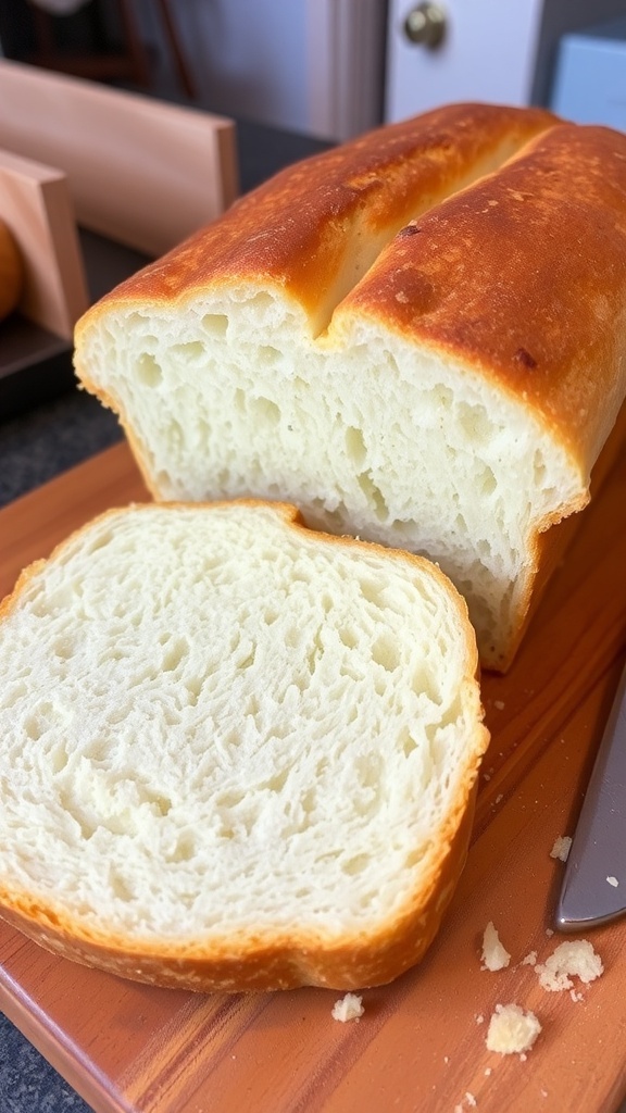Simple Yeast Bread Recipe A golden brown loaf of homemade yeast bread sliced on a wooden board with a butter knife.